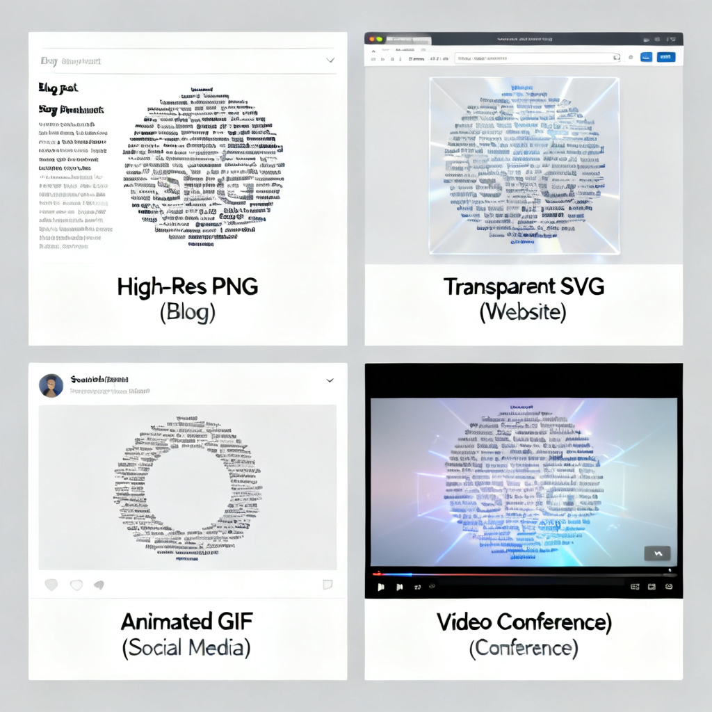 A collage showing the same word cloud exported as a high-res PNG for a blog, a transparent SVG for a website, a GIF for social media, and a video for a conference