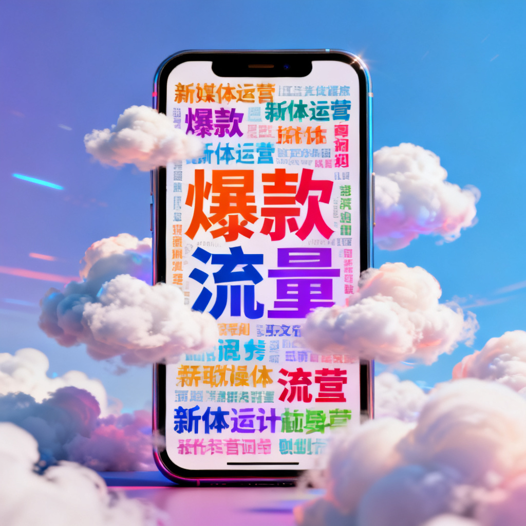新媒体运营者使用轻云图生成的动态GIF词云,在手机屏幕上显示,色彩鲜艳,包含'爆款'、'流量'等词
