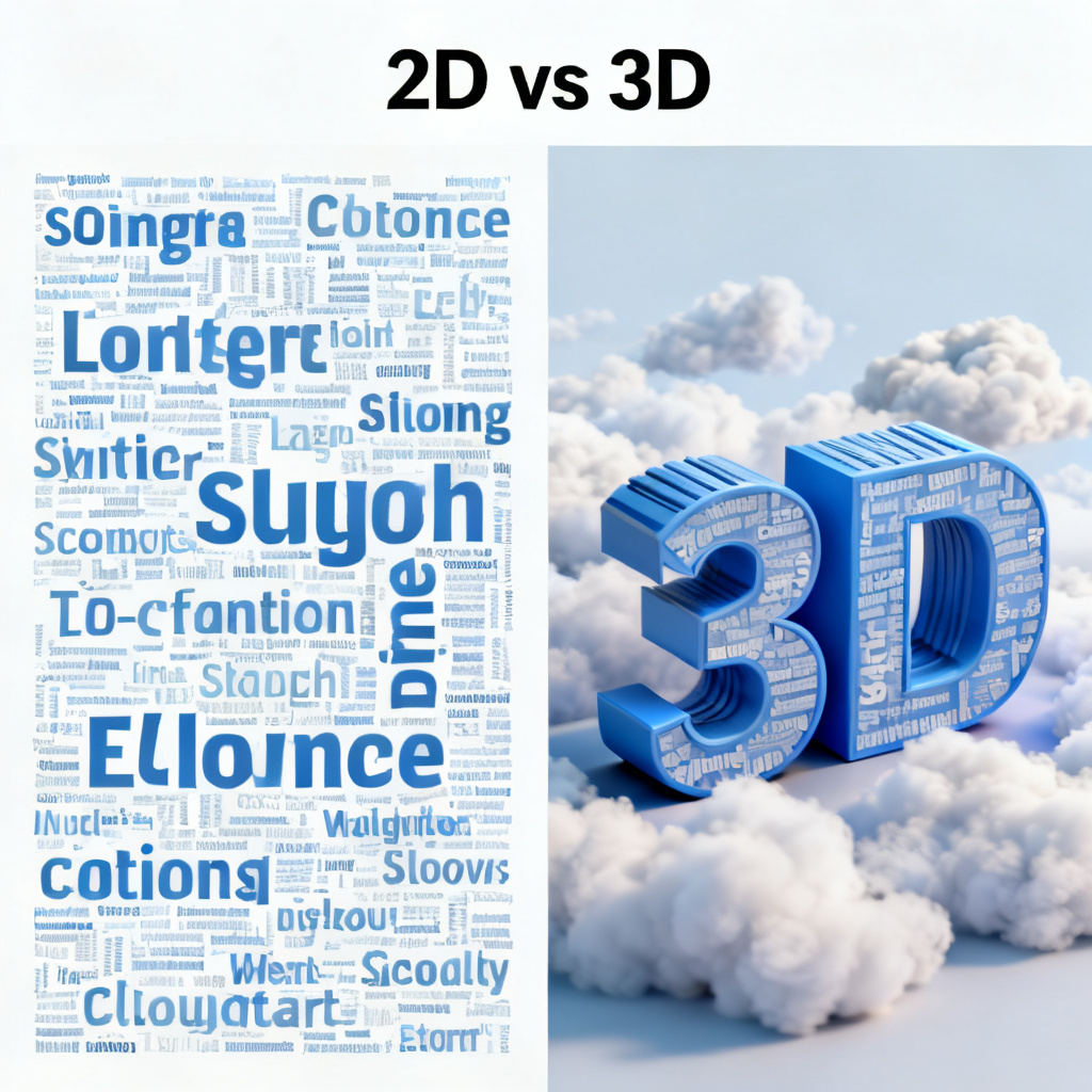 一张轻云图生成的文字云对比图，左侧为传统2D平面词云，右侧为3D立体词云，突出视觉差异，标题标注“2D vs 3D”