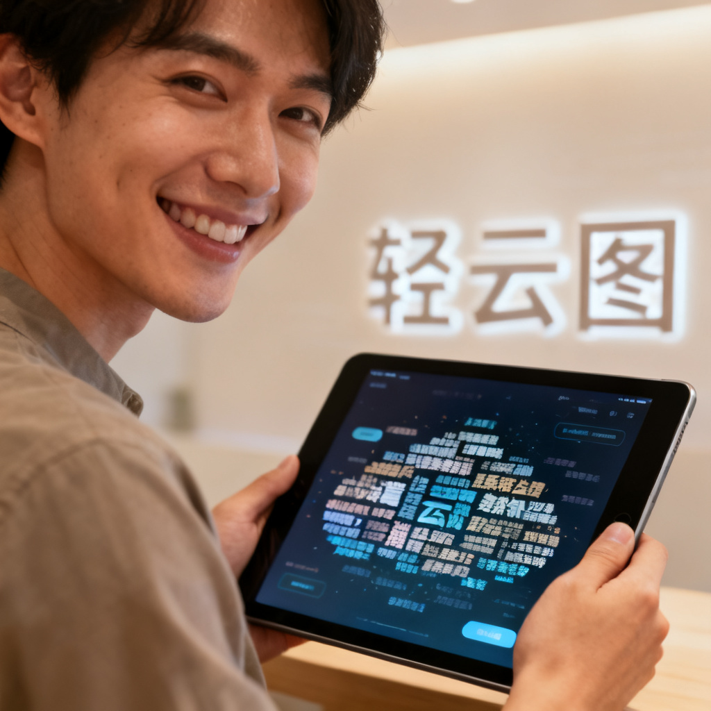 A smiling user holding a tablet displaying a stunning word cloud, with the text '轻云图' subtly embedded in the background, conveying satisfaction and ease of use