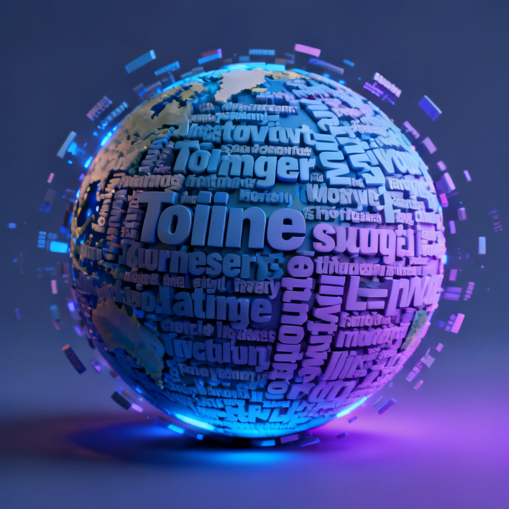A 3D word cloud shaped like a globe, with keywords floating around the sphere, surrounded by soft blue and purple lighting, digital art style, high detail