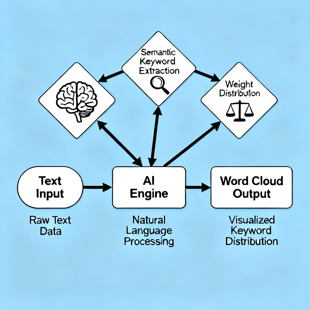 Flowchart showing text input arrow to AI engine arrow to word cloud output, with icons representing semantic analysis, keyword extraction, and weight distribution