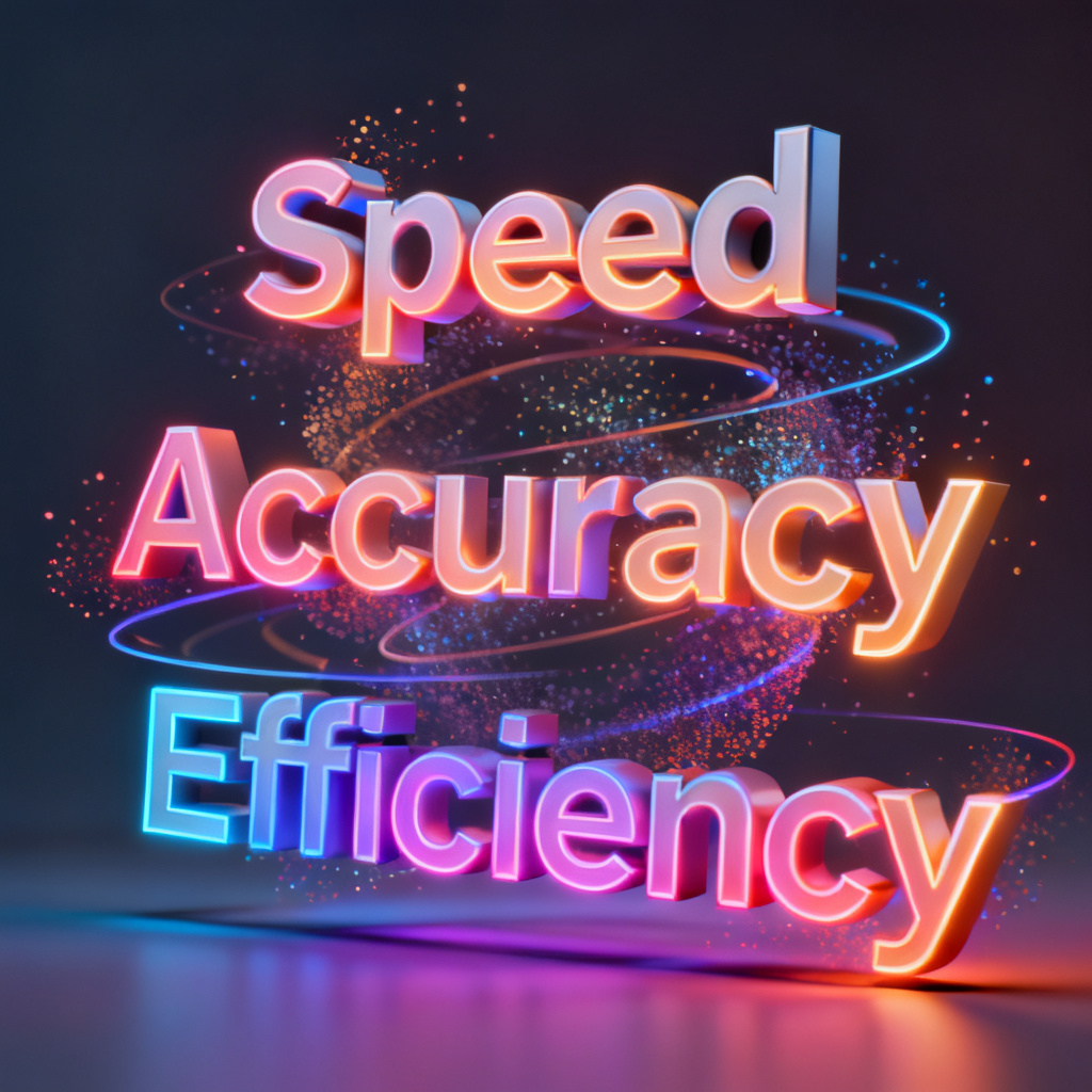 A dynamic GIF showing a word cloud with keywords like "Speed", "Accuracy", "Efficiency" pulsing and rotating in a 3D space, with smooth particle effects and color transitions