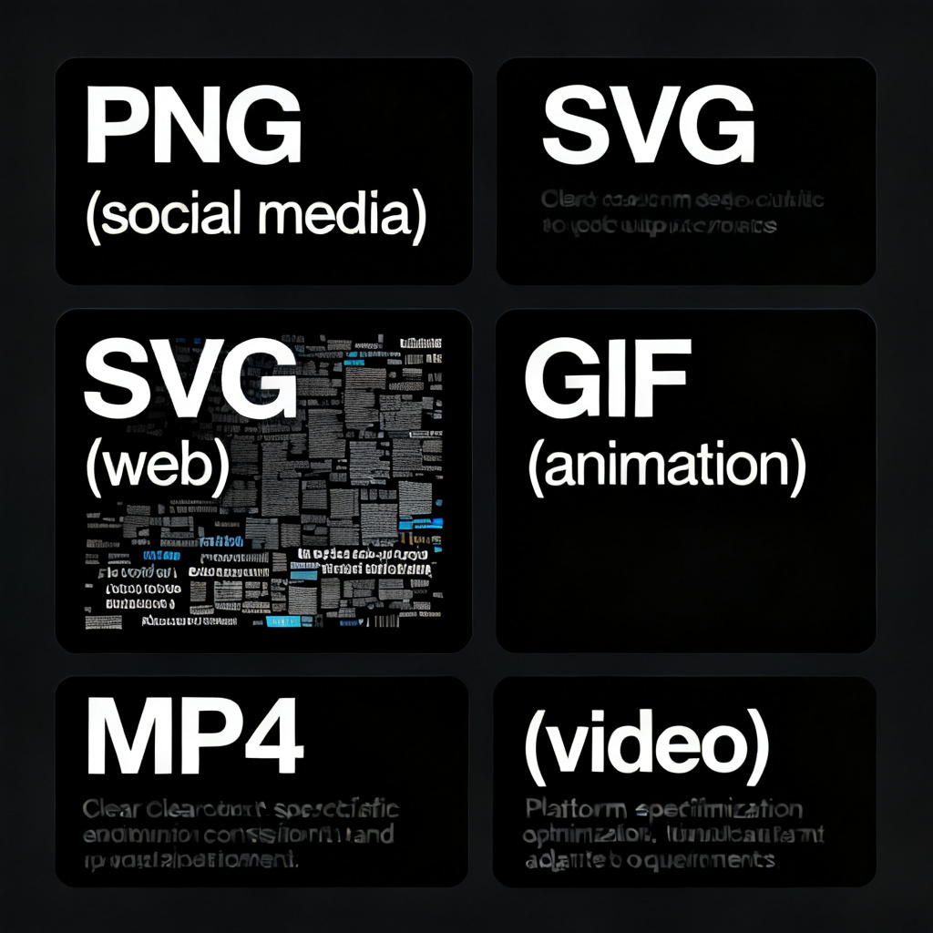 Multiple output formats of word clouds: PNG for social media, SVG for web, GIF for animation, and MP4 for video.