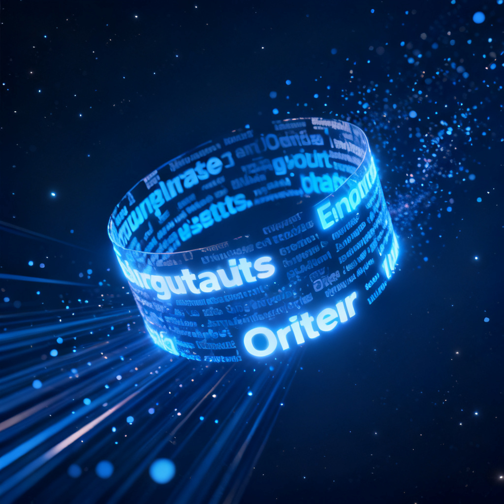 A 3D rotating word cloud model with glowing text, floating in a dark blue space, with dynamic particles and light rays