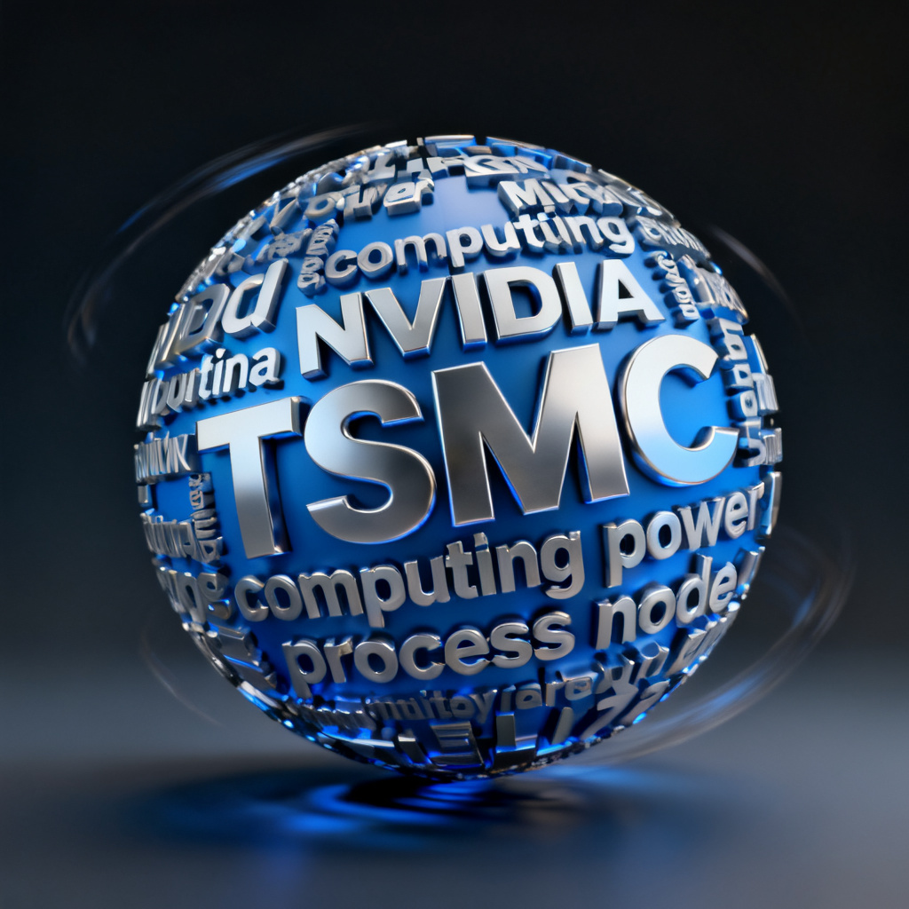A 3D word cloud in blue and silver tones, shaped like a globe, with keywords like "NVIDIA," "TSMC," "computing power," and "process node" rotating slowly around the sphere, set against a dark gradient background.