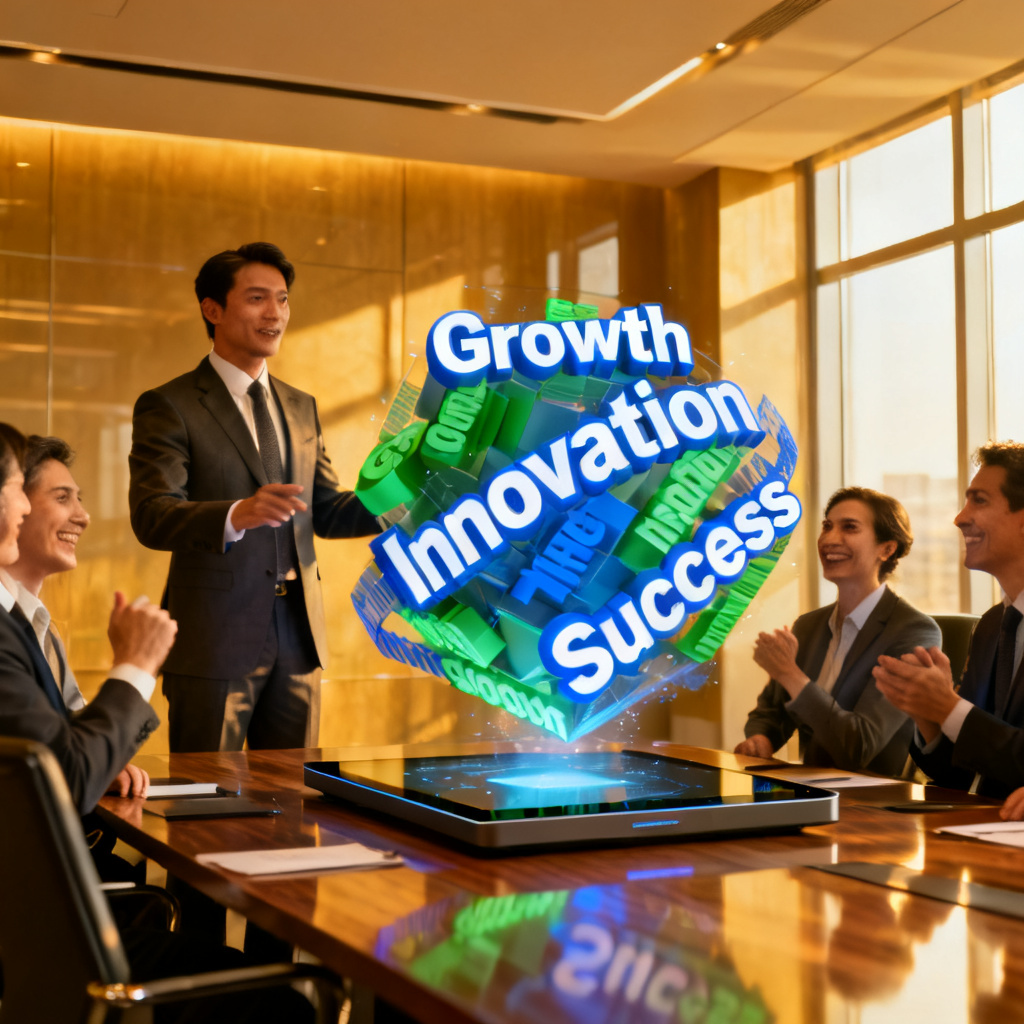 A final scene showing a satisfied professional presenting a dynamic 3D word cloud to a boardroom full of executives, with positive reactions visible on their faces