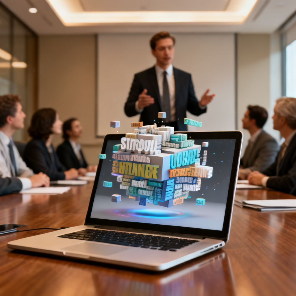 A professional presenting a 3D word cloud model from a laptop screen to an audience, conference room setting