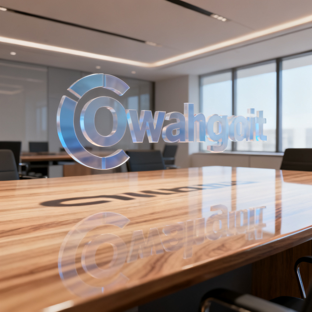 A 3D word cloud in the shape of a corporate logo, hovering above a polished wooden desk in a modern conference room, with soft ambient light and reflection on the table surface, photorealistic.