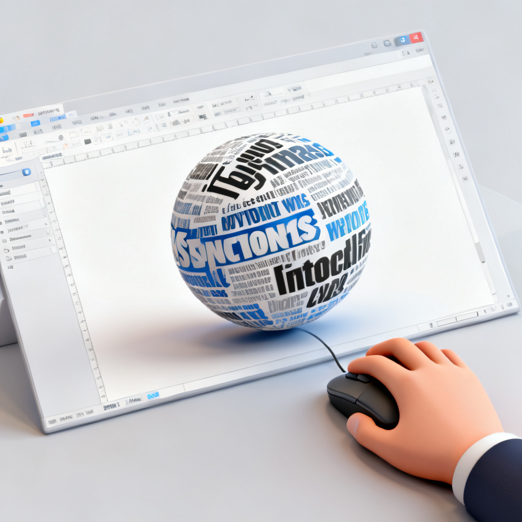 A 3D word cloud embedded in a PowerPoint slide, with a person's hand using a mouse to rotate the cloud, showing interactive features