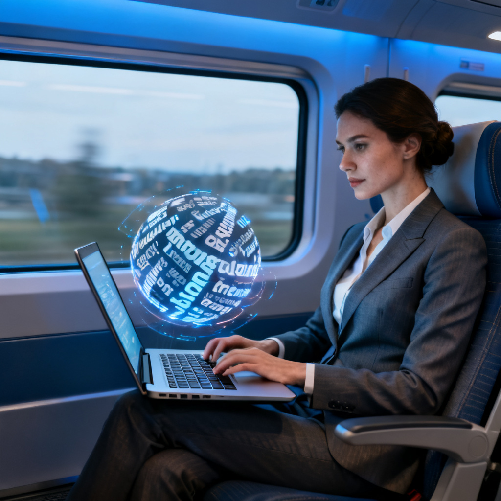 A businesswoman using a laptop on a high-speed train, the screen displaying a 3D word cloud with rotating animation, soft blue lighting, realistic detail