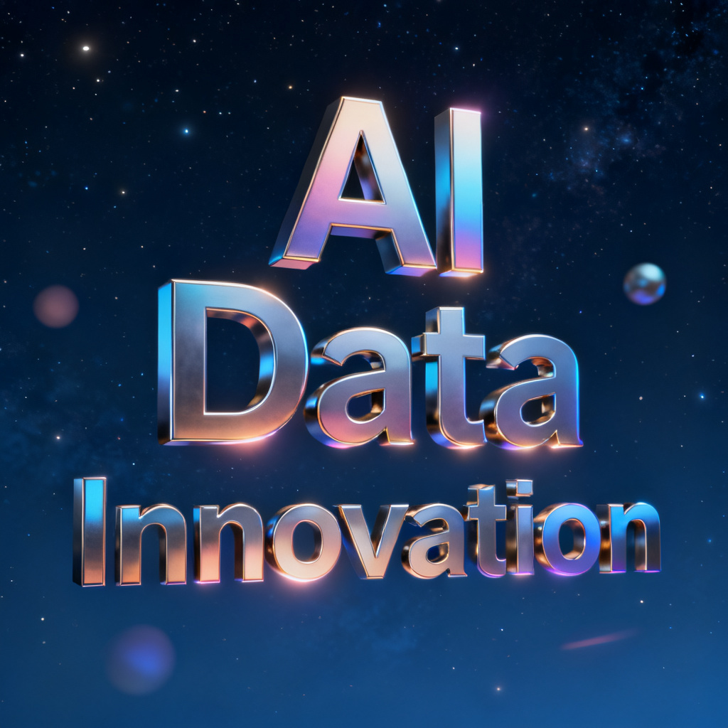 A highly detailed 3D word cloud generated by Qingyuntu, featuring keywords like "AI", "Data", "Innovation" in metallic gradient colors, floating in a dark blue space with soft glow effects, rendered in realistic lighting