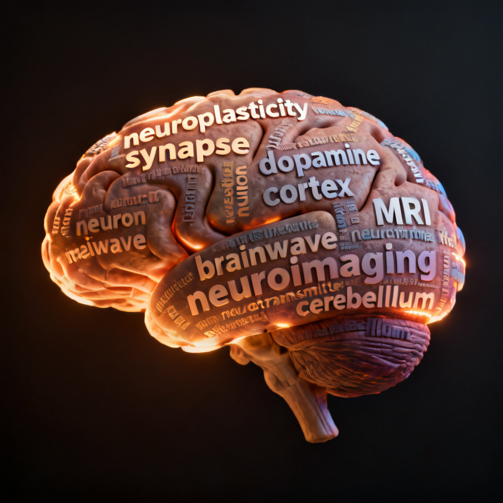 A word cloud shaped like a human brain, with keywords related to neuroscience, glowing in warm colors, floating in a dark background, detailed textures, 8k resolution, hyper-realistic