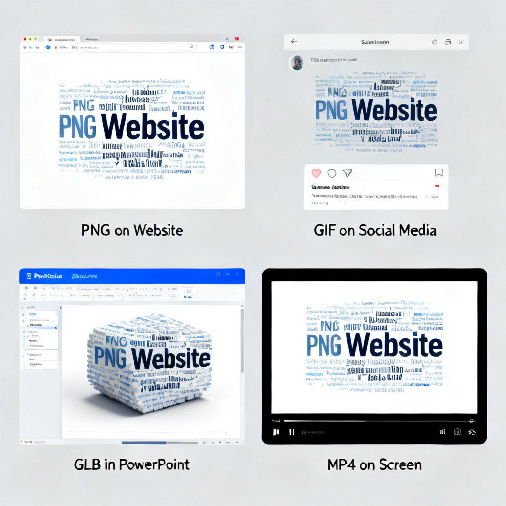 A split screen showing four different outputs from the same word cloud: a PNG file on a website, a GIF on a social media feed, a GLB model in a PowerPoint slide, and an MP4 video on a screen.