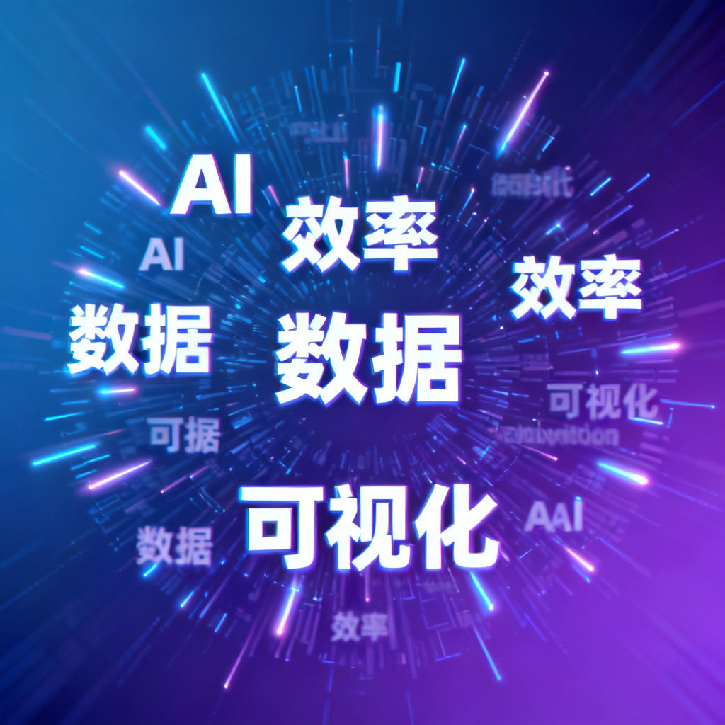 动态GIF文字云，文字从中心向外扩散再收缩，关键词“AI”“效率”“数据”“可视化”依次放大缩小，背景为渐变的科技蓝紫色，文字边缘带有发光特效，整体节奏如呼吸般自然