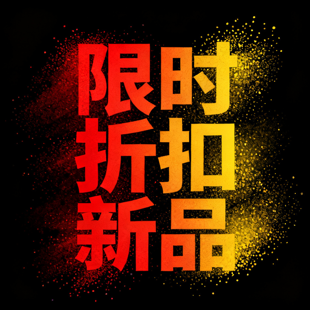动态文字云，关键词“限时”“折扣”“新品”，红色与黄色渐变，粒子扩散特效，背景为黑色