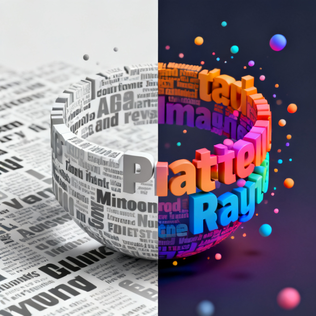 A split-screen comparison: left side shows a flat, monochrome word cloud; right side shows a vibrant 3D word cloud with animated particles and smooth rotation