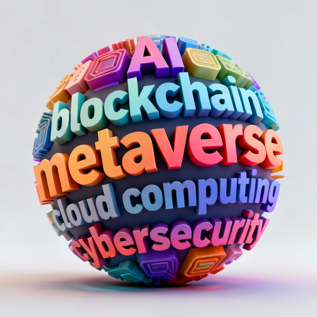 A 3D word cloud with vibrant colors and smooth animation effects, rotating slowly to reveal layered keywords, suitable for a tech conference presentation