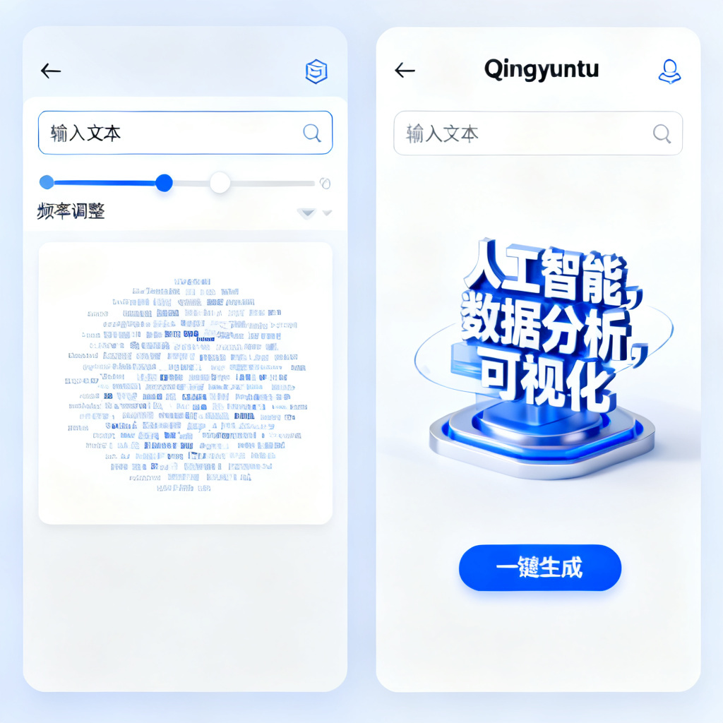 A side-by-side comparison of a traditional word cloud creation process (manual dragging and frequency adjustment) versus the one-click AI generation process of Qingyuntu, showing a sleek interface with Chinese text input on the left and a polished 3D word cloud output on the right