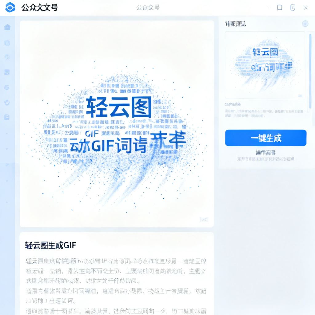 公众号文章编辑界面，左侧为轻云图生成的动态GIF词云，文字以粒子动画形式不断组合变化，右侧为排版预览，整体风格清新简洁，突出“一键生成”的操作流程