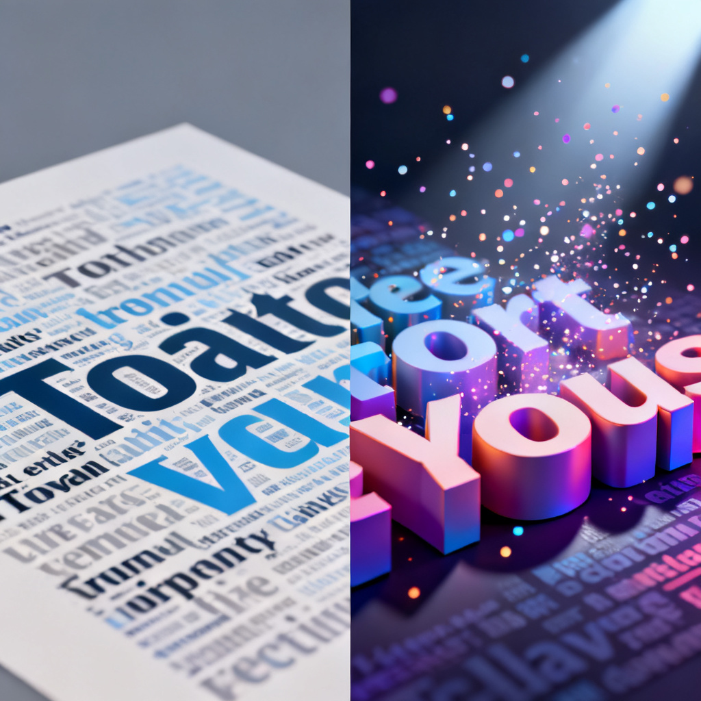 A split-screen comparison of three word clouds: left side shows a flat, static 2D word cloud from a traditional tool; right side shows a vibrant 3D word cloud with animated particles and dynamic lighting from a modern tool. The contrast highlights the visual difference.