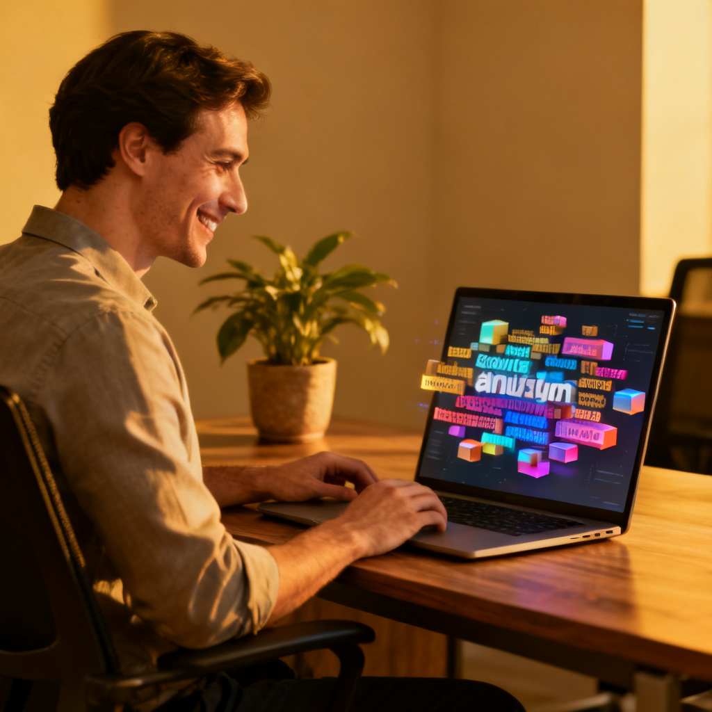 A satisfied professional analyst smiling while viewing a 3D word cloud on a laptop, modern office setting, warm lighting.