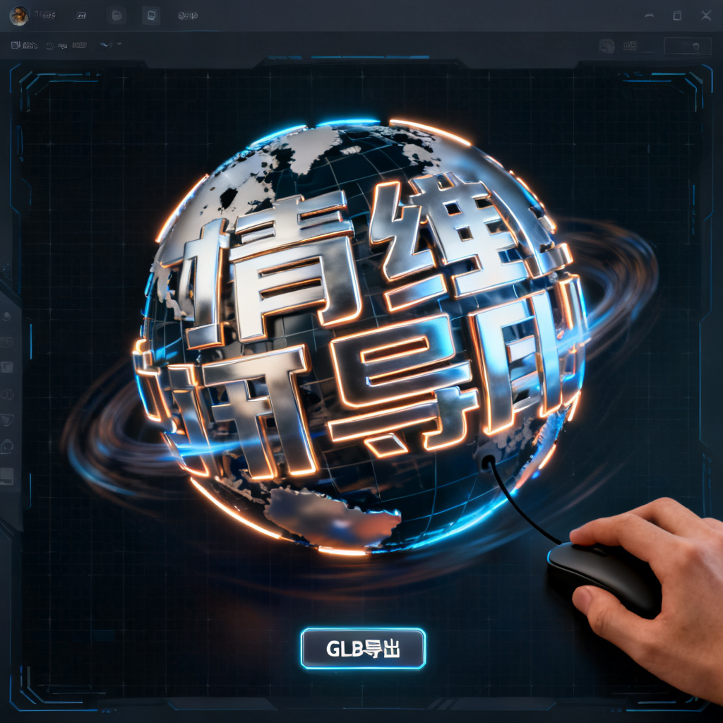 轻云图3D文字云界面,一个由文字构成的旋转地球模型,字体带有金属光泽和发光边缘,背景为深色科技感网格,用户正在用鼠标拖拽旋转,界面下方显示“GLB导出”按钮。