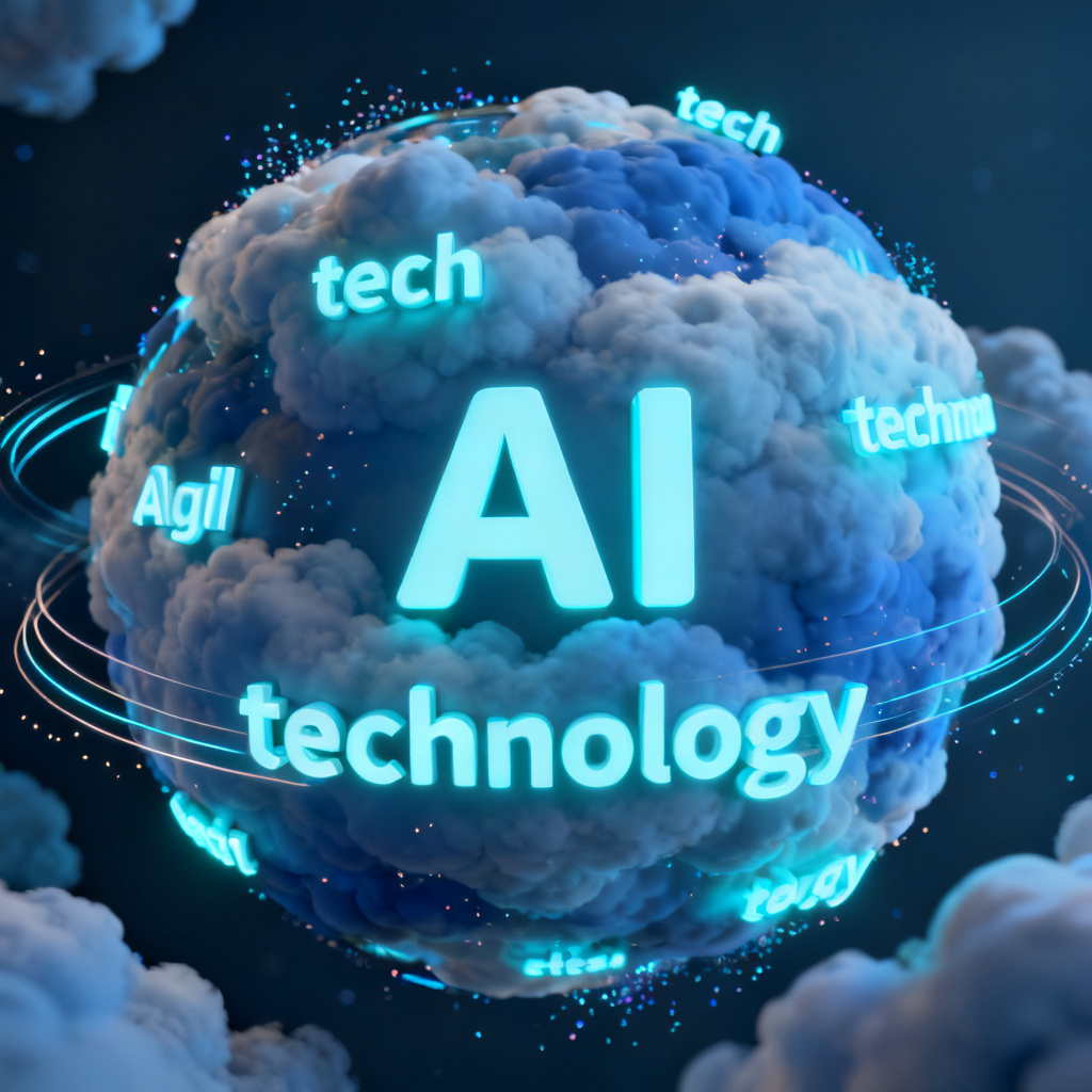 A dynamic 3D word cloud with blue and cyan color scheme, keywords like "AI" and "technology" floating in a spherical pattern, rotating slowly with subtle particle effects