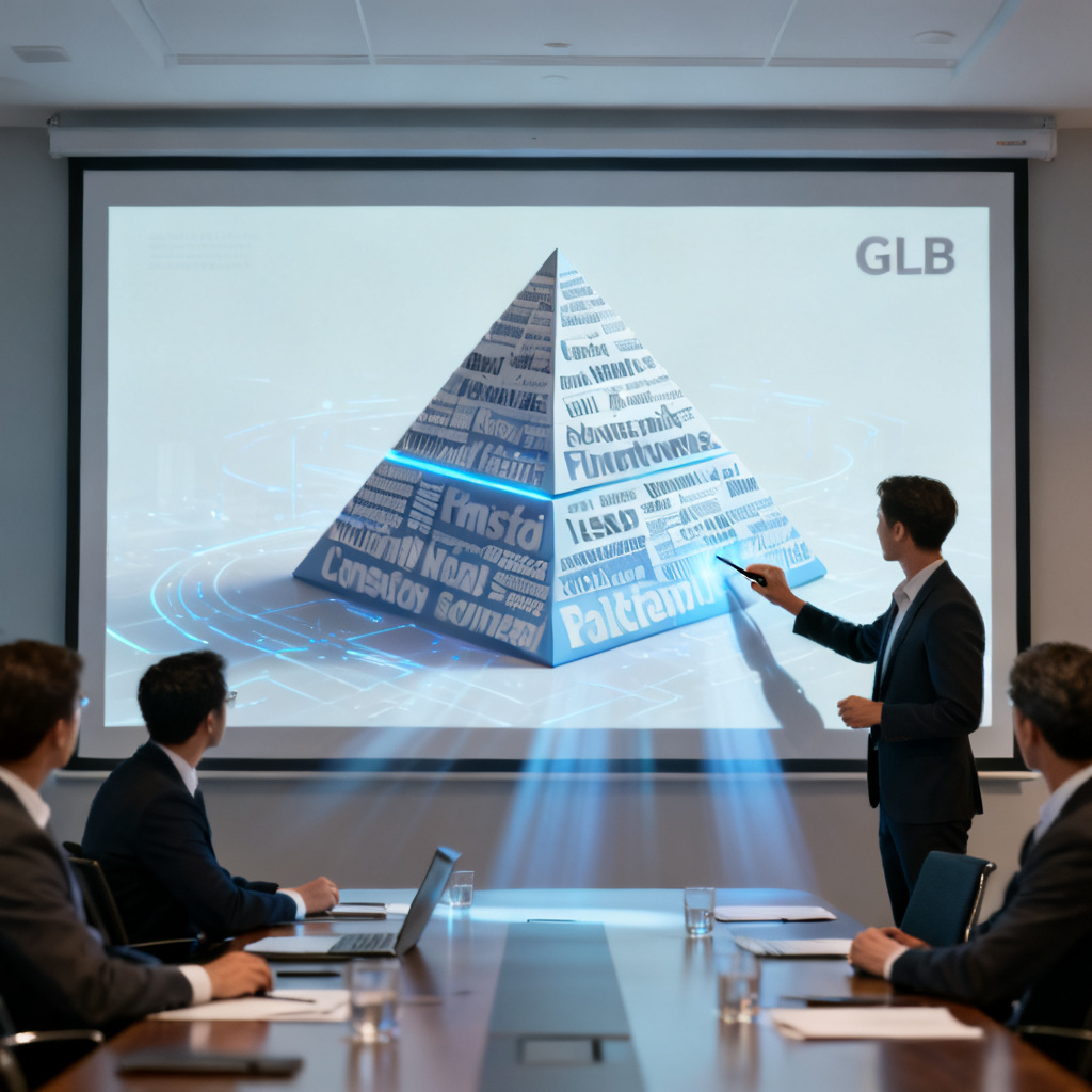 职场白领在PPT中嵌入GLB格式3D词云,词云以立体金字塔形状呈现,用户用鼠标拖拽旋转,背景是会议室投影幕布