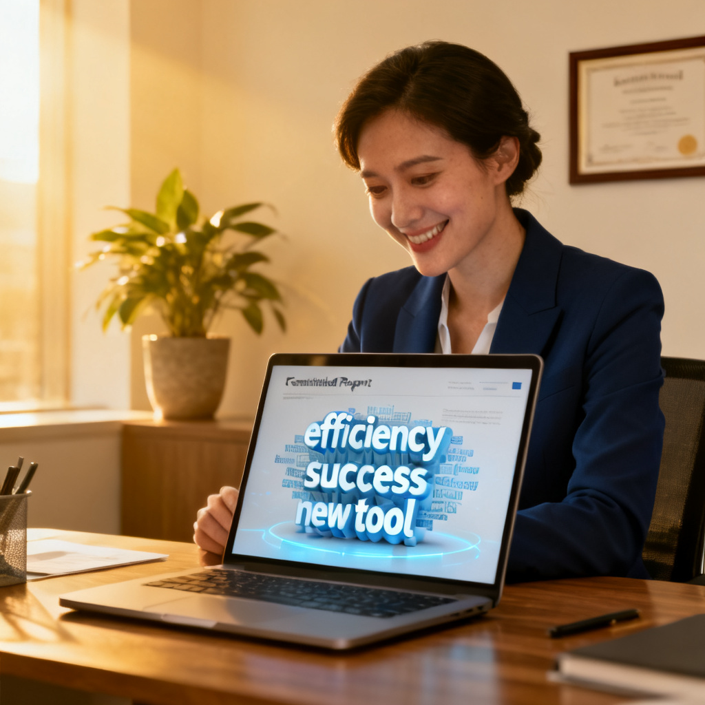 A professional looking at a laptop screen with a smiling expression, showing a completed report with a 3D word cloud embedded, symbolizing efficiency and success after adopting a new tool