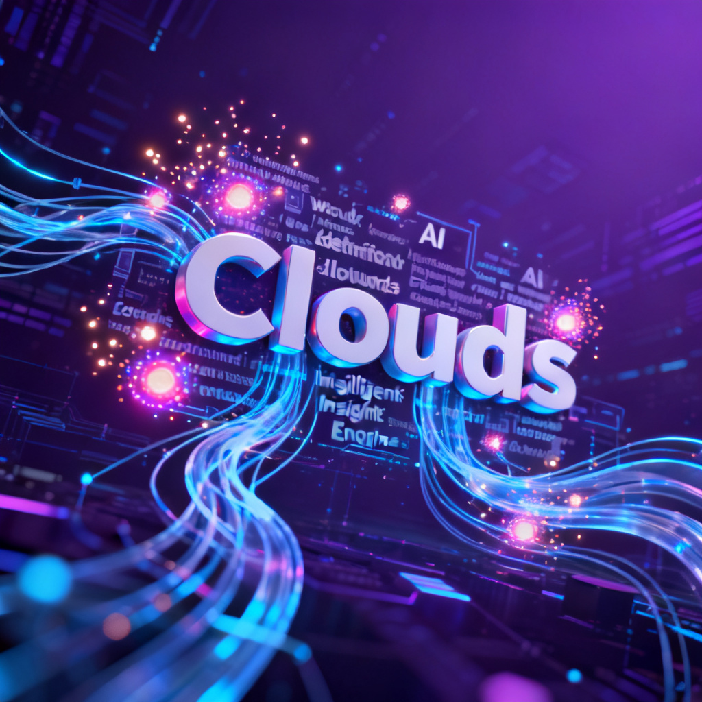 A futuristic 3D word cloud floating in digital space, with dynamic glowing particles and AI-driven data flow lines connecting keywords, representing the redefinition of word clouds as intelligent insight engines