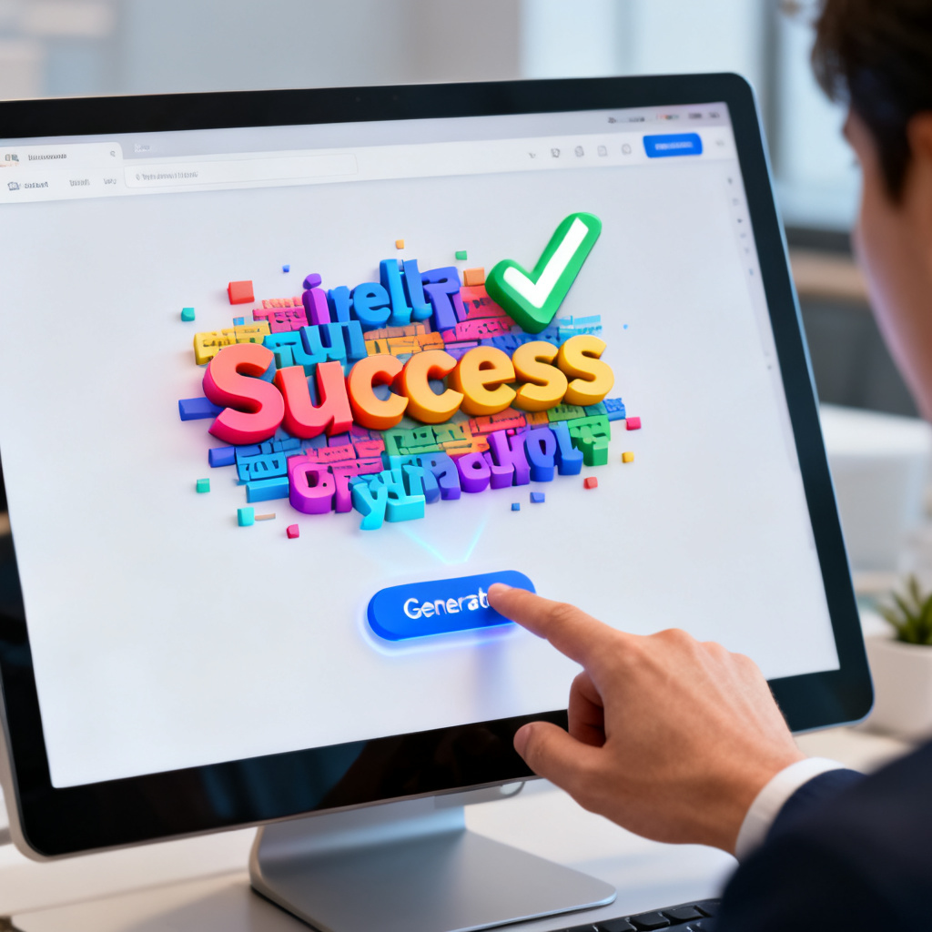 A user's hand clicking a "Generate" button on a clean, modern web interface, and instantly a vibrant, 3D word cloud appears on the screen with a "Success" checkmark, representing the ease of use of the tool