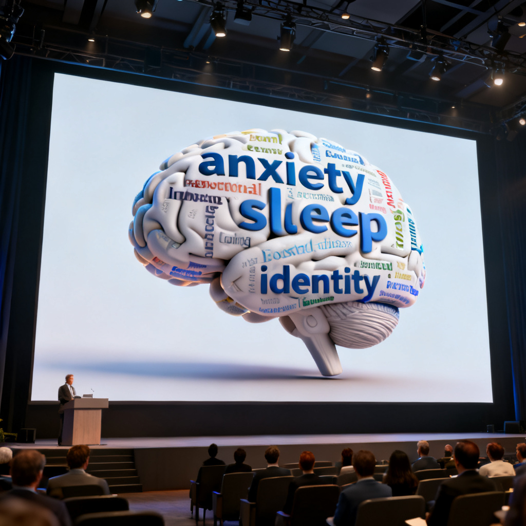 A 3D word cloud shaped like a human brain, with keywords like 'anxiety', 'sleep', 'identity' in different sizes and colors, displayed on a large screen during an academic conference.