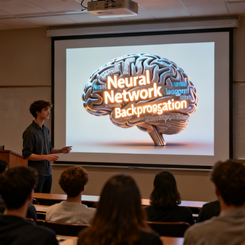 A university student presenting a 3D word cloud shaped like a human brain, with glowing keywords "Neural Network", "Backpropagation", on a projector screen, audience watching