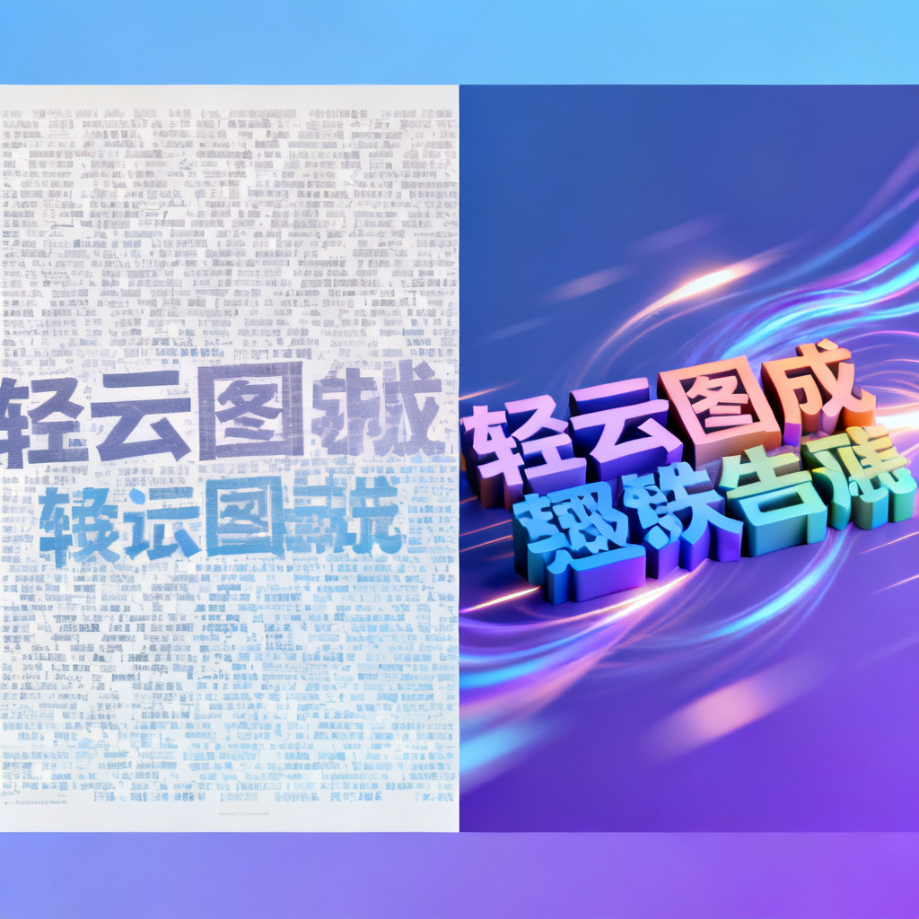 一幅对比图，左侧是传统平面词云，颜色单调，文字拥挤；右侧是轻云图生成的3D动态文字云，色彩丰富，文字清晰立体，背景有光效流动。整体风格为现代科技感。