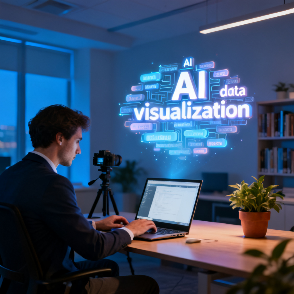 A professional blogger working on a laptop, with a glowing 3D word cloud floating above the screen, displaying keywords like “AI”, “data”, “visualization”, in a modern office setting with soft blue lighting.