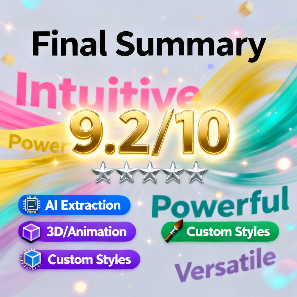 A final summary graphic showing a glowing "9.2/10" score with a 5-star rating, surrounded by key features: AI Extraction, 3D/Animation, Custom Styles. The background shows a colorful word cloud in motion, reinforcing the tool's appeal.