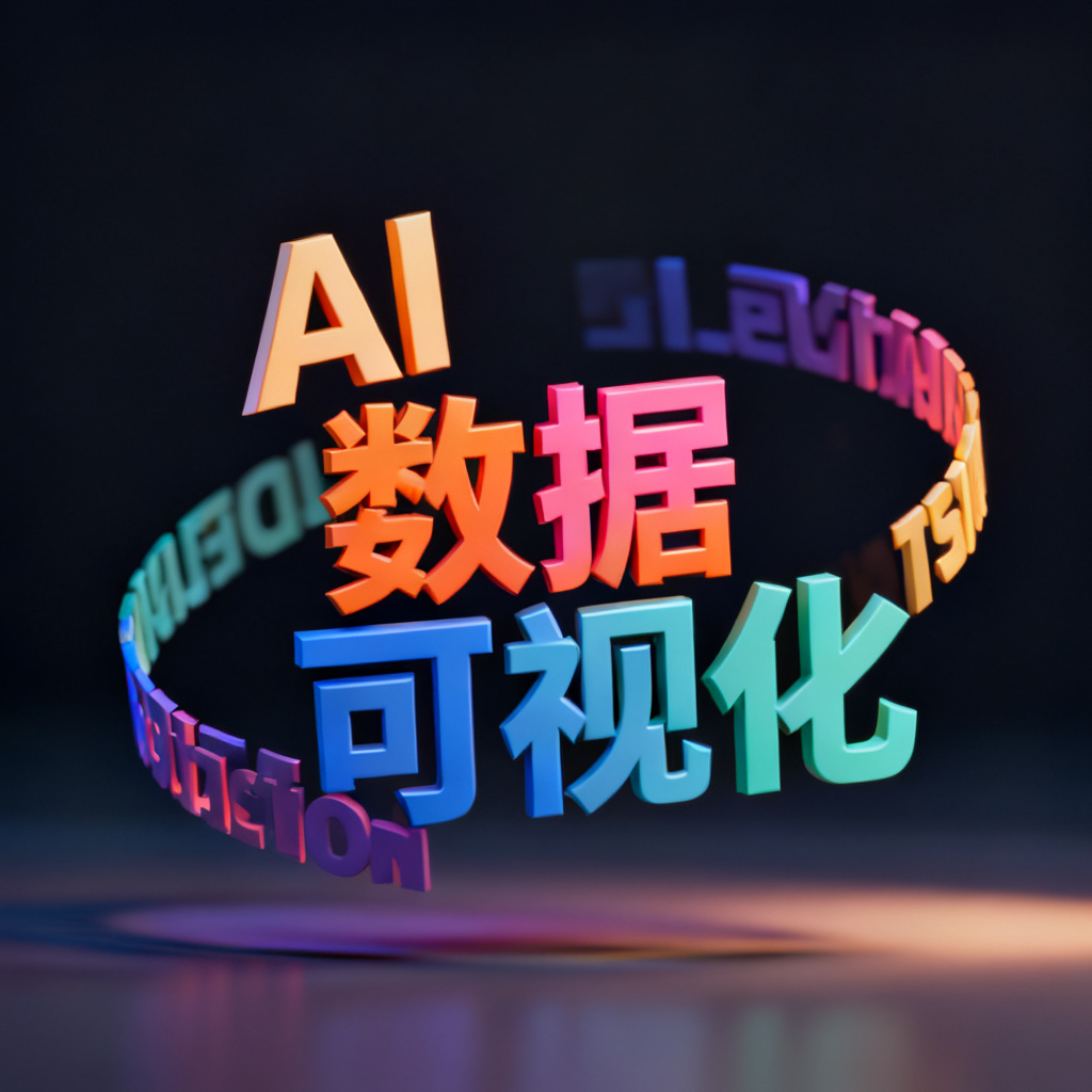 一个3D立体词云,由彩色关键词组成,漂浮在深色背景上,动态旋转效果,文字包括'AI'、'数据'、'可视化',光线柔和,电影级质感