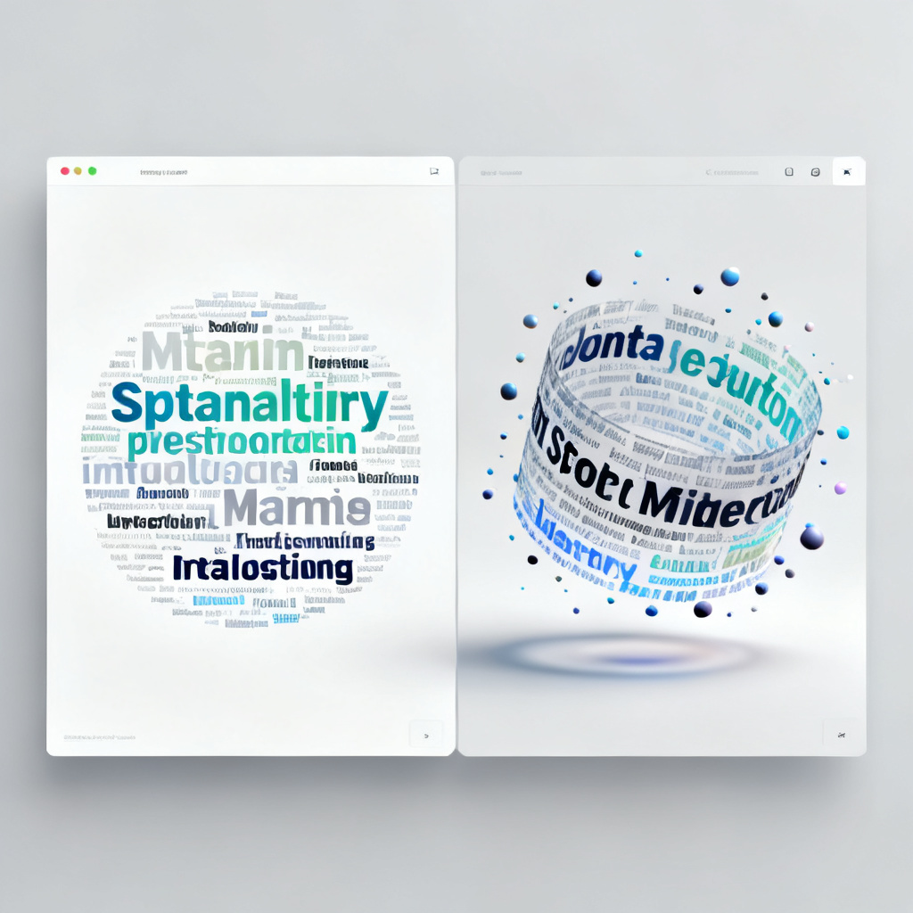 A split-screen comparison showing a flat 2D word cloud on the left and a rotating 3D word cloud with animated particles on the right, both derived from the same text, modern UI design