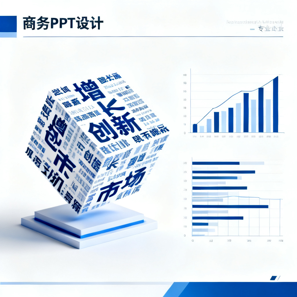 一个商务PPT幻灯片页面,左侧是3D旋转文字云,右侧是数据图表,文字云由“增长”、“创新”、“市场”等词汇组成,整体风格专业、简洁