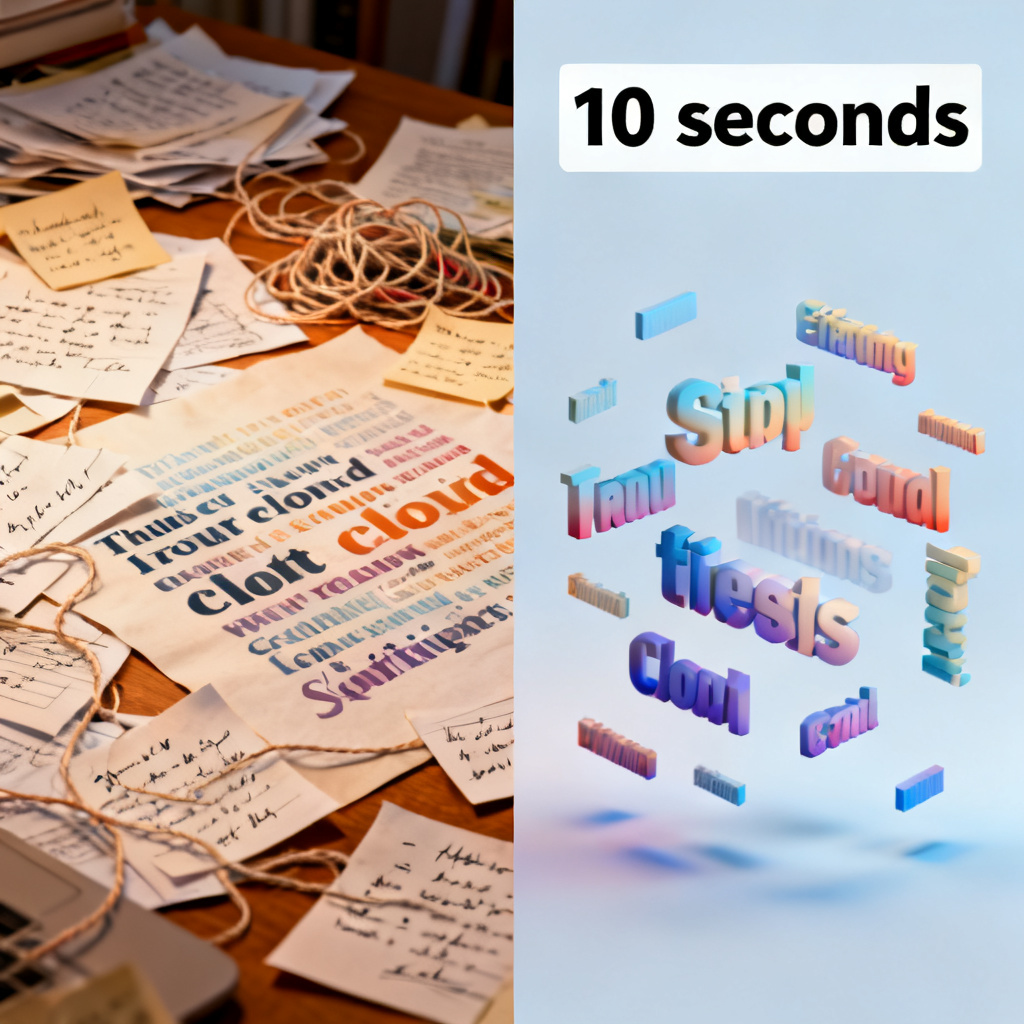 A split-screen comparison: left side shows a cluttered manual word cloud creation process, right side shows a clean AI-generated 3D word cloud with a "10 seconds" timer overlay.
