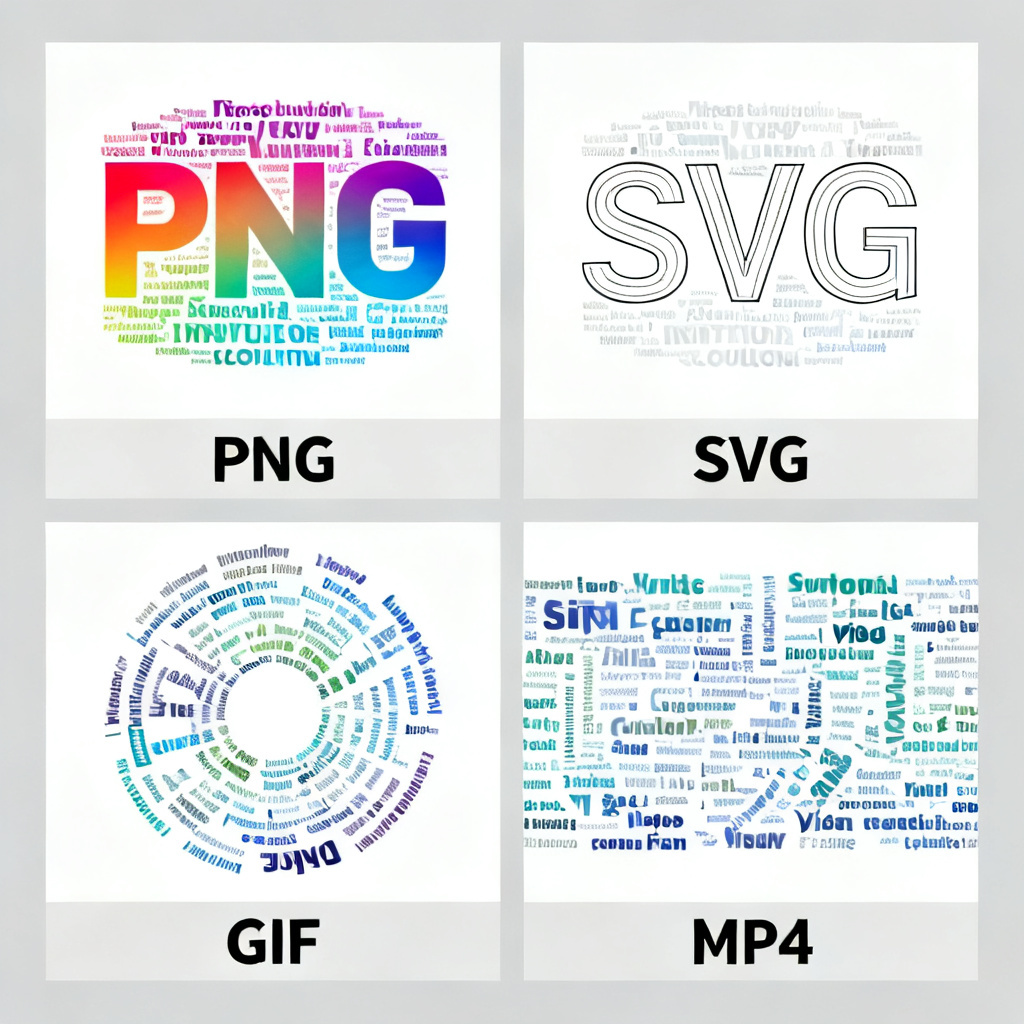 A collage of output formats: PNG, SVG, GIF, and MP4, each displaying a different style of word cloud