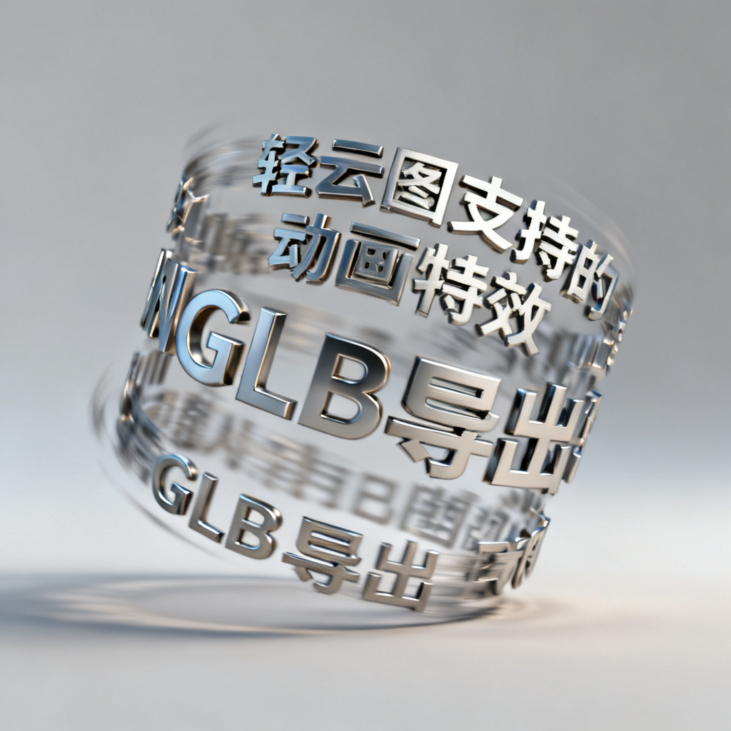 一个3D文字云模型旋转动画的截图，展示轻云图支持的动画特效和GLB导出