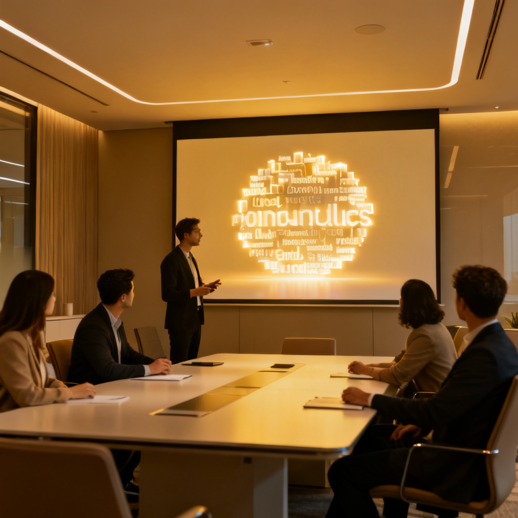 A professional office scene with a person presenting a glowing 3D word cloud on a large screen in a modern meeting room, colleagues watching with interest, warm lighting