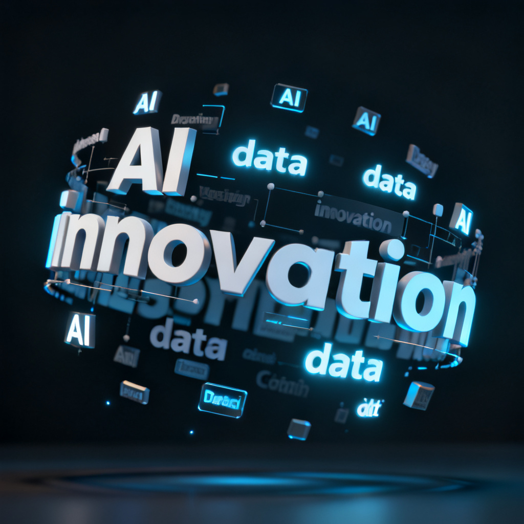 A 3D word cloud rotating slowly in a dark background, with keywords like "AI", "data", "innovation" floating and glowing. The animation shows smooth transition and depth of field, suitable for a tech conference slide.