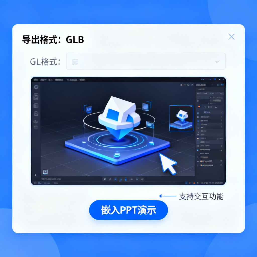 轻云图GLB格式导出界面，显示3D模型嵌入PPT后的交互演示场景