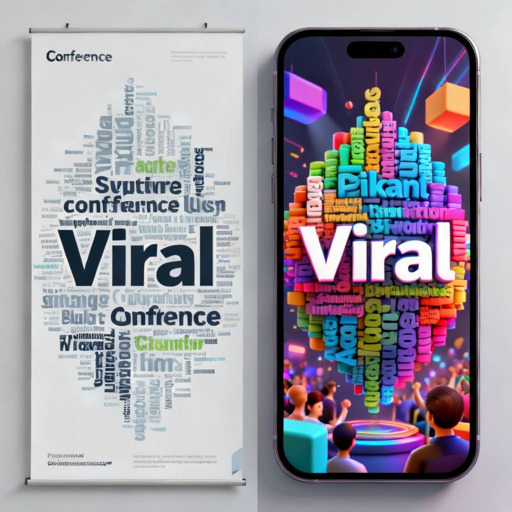 A side-by-side comparison: Left side shows a static, flat word cloud on a conference poster; right side shows a vibrant, 3D animated word cloud on a smartphone screen with "Viral" text overlay