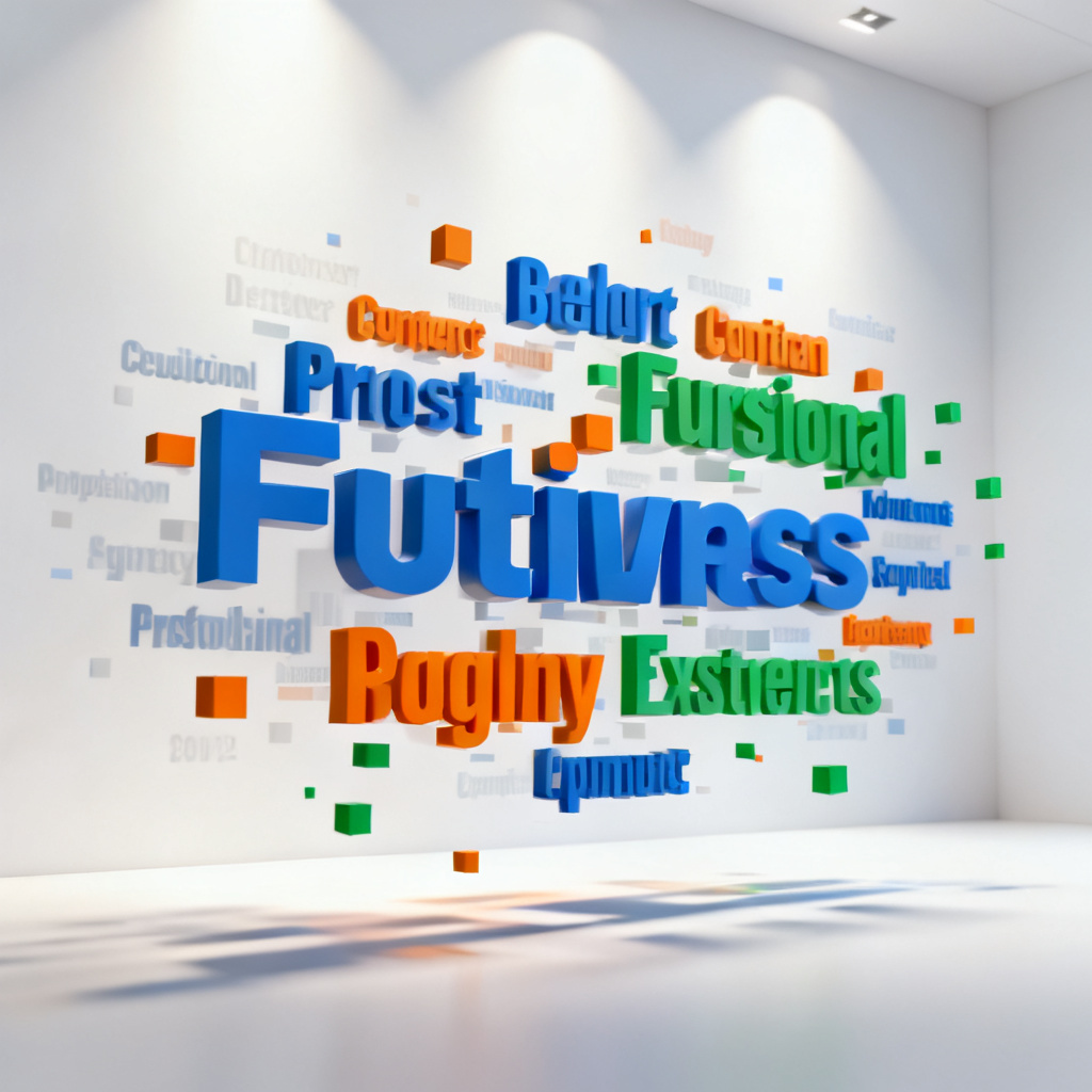 A professional 3D word cloud visualization generated by AI, with floating keywords in multiple colors, displayed in a sleek corporate presentation environment
