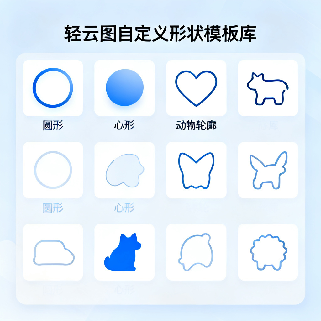 轻云图的自定义形状模板库界面，展示圆形、心形、动物轮廓等多种形状，用户可自由切换