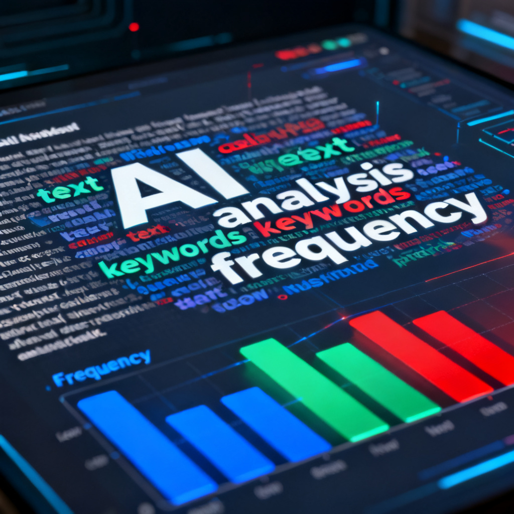 An AI interface analyzing a block of text, with highlighted keywords automatically extracted and weighted, showing a word cloud forming in real-time with color-coded frequency bars